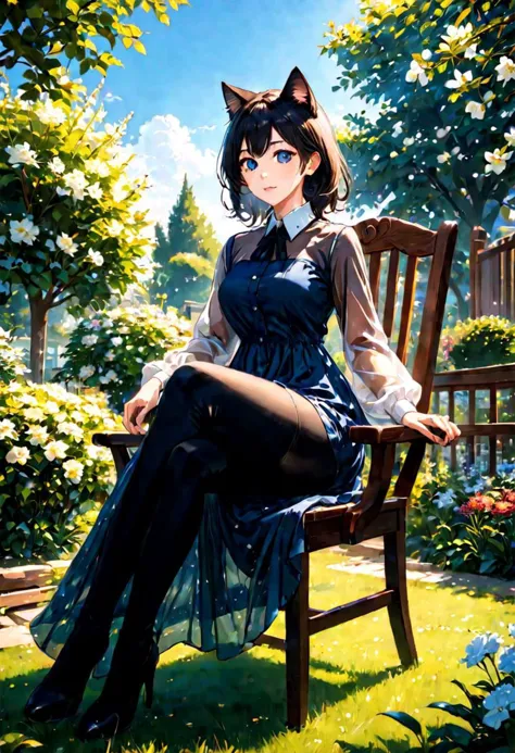 blue sky, sunlit, weak light and shadows, tree, in the beautiful bloom garden, 1woman with beautiful face, see-through dress shirt an black leggings, she is sitting on wood long chair with on one cat