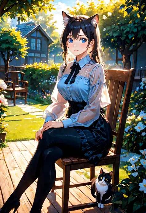 anime girl sitting on a wooden bench with a cat on her lap