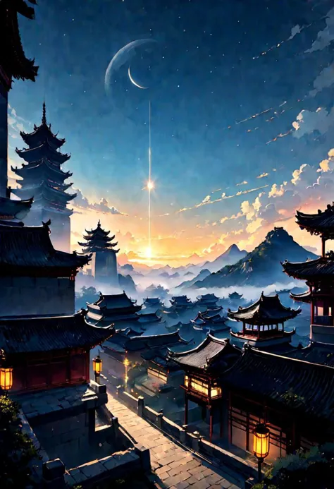 a painting of a mountain scene with a moon and a star