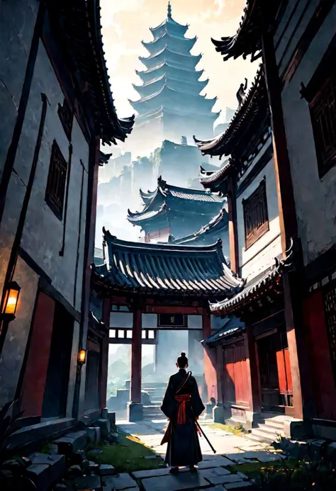 a man in a long robe is walking through an alley