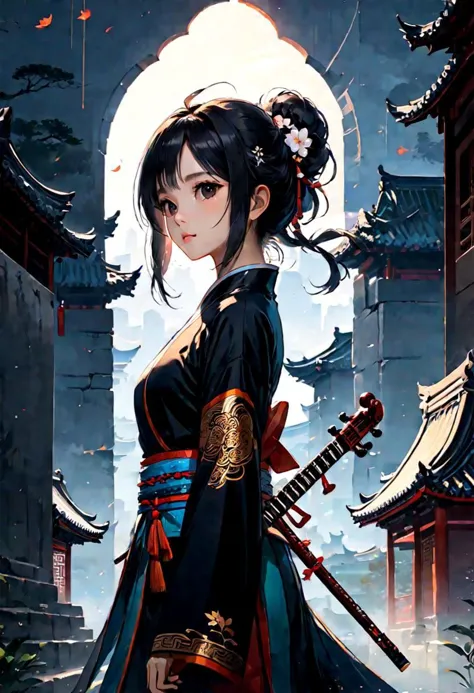 a woman in a kimono outfit holding a sword in front of a building