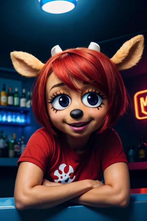 Lammy, furry, deer ears, blunt horns, half-open eyes,red hair, black eyes, red shirt, looking at viewer, smiling, close up, insi...