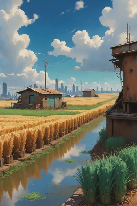 anime scenery of a farm with a river and a house