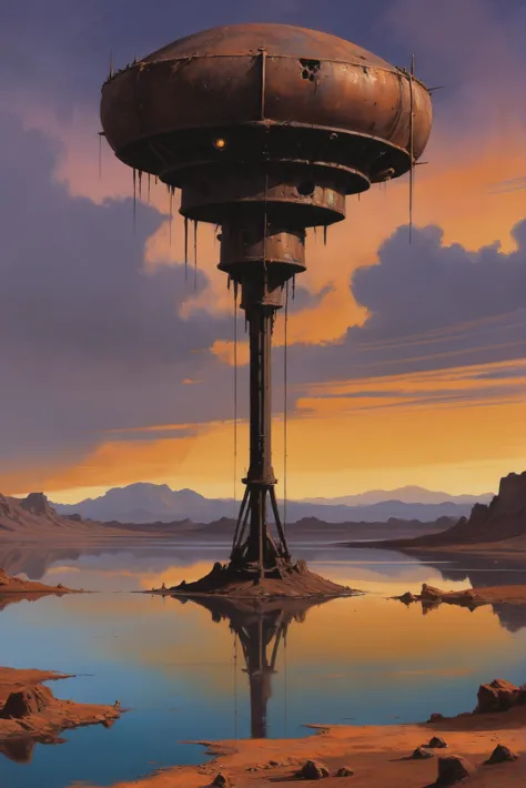 a painting of a futuristic structure in the desert with a lake