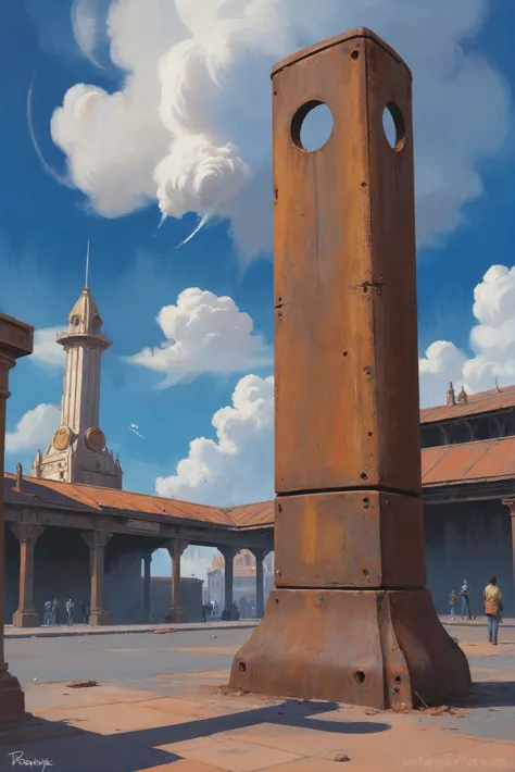 painting of a clock tower in a courtyard with a sky background