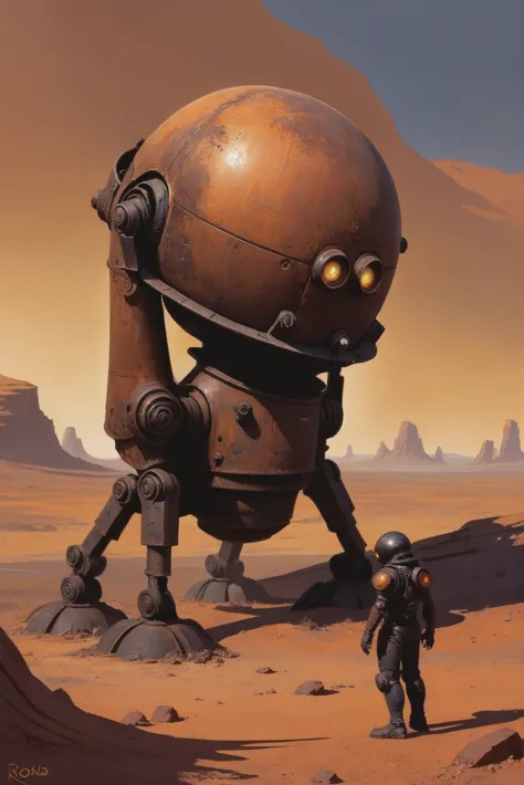 a painting of a robot standing in the desert with a man standing next to it