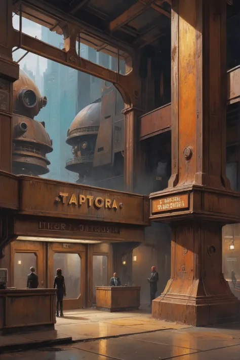 digital painting, rusty post-apolcalyptic scifi, historic theater lobby in a wonderous scifi metropolis outside of the universe,...