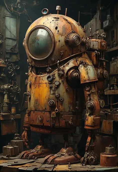 (illustration) mechanical, animatronic, rust, junk, cluttered <lora:tbh147-sdxl:0.8>. dark and moody, a mesmerizing blend of lig...