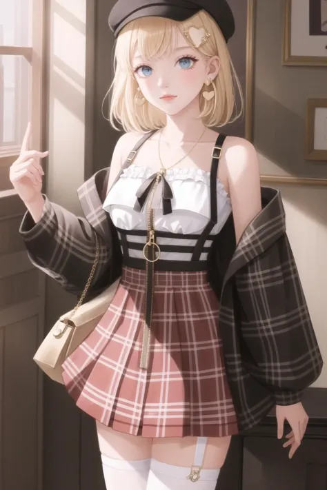 best quality, intricate details,





  <lora:ameliaWatsonHololive_v2AllOutfits:0.8> amelia watson, monocle hair ornament,, thighhighs, amelia_casual, frilled shirt, collarbone, black skirt, pantyhose, (amelia_casual accesories:0) suspender skirt, zipper pull tab, brown headwear, plaid jacket, heart earrings, key necklace,