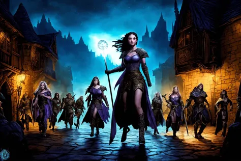role-playing game (RPG) style fantasy KParkinson, epic woman warrior,  standing outdoor, night, city of waterdeep in forgottenrealms, Classic_DnD , Demon_War, MegaTits, detailed, vibrant, immersive, reminiscent of high fantasy RPG games