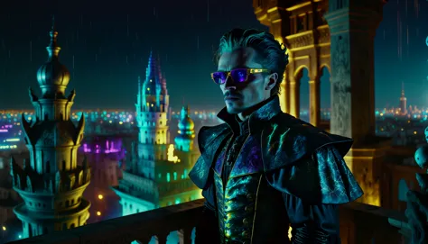 Futuristic, Baroque, Cyberpunk, breathtaking CineColor, Light and shadow plays, Double Exposure, Grim, (dark, at night, cinematic, photography, cyberpunk city at night, baroque towers, standing on a balcony, overlooking the city, samuel wallace, innovative and dynamic, with sharp features, trendy glasses, and a visionary gaze., depth, texture, nuanced, dynamic:1.3) - Kingfisher, geometric patterns, Flustered, Hypersaturated, Gold Leafing, A man stands on a balcony overlooking a grim city at night. He is dressed in a black jacket and wears hypersaturated glasses. The cityscape features baroque towers illuminated against the dark sky. CineColor photography captures the scene with dramatic lighting and shadows. The overall . award-winning, professional, highly detailed