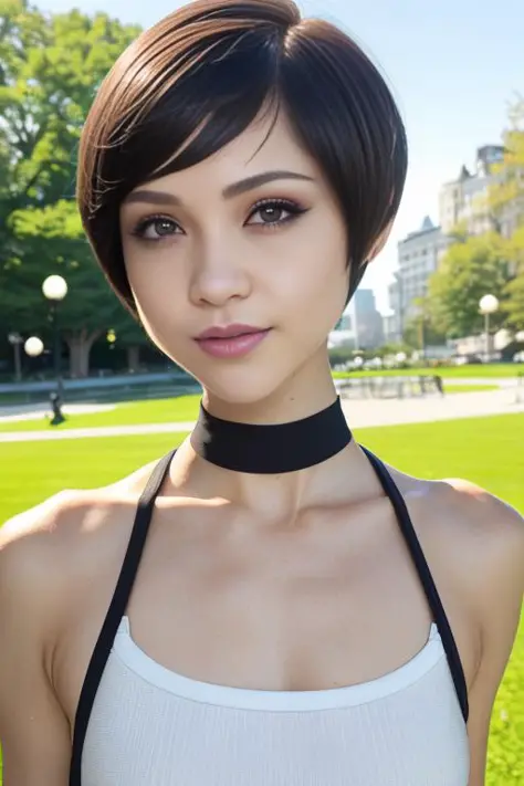 photo of  pixie cut dynamic posture, slender physique, (hair bob cut), teasing smirk, (extremely detailed:1.3), (textured skin:1...