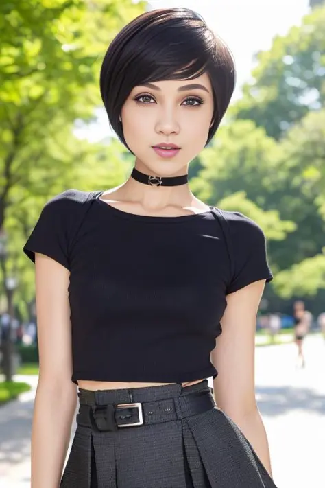 photo of  (textured pixie cut ) dynamic posture, slender physique, (hair bob cut), teasing smirk, (extremely detailed:1.3), (tex...