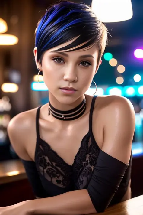 portrait photo of CadeyMerc beautiful woman (hair pixie cut)  nightclub sitting at bar (masterpiece) (best quality) (detailed) (8k) (HDR) (wallpaper) (cinematic lighting) (sharp focus) (intricate)<lora:CadeyMerc:1.0>