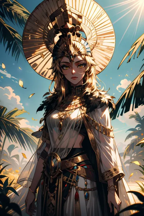 ((ultra detailed, masterpiece, absurdres))
ACOIsidora, 1girl, golden eyes, crown, feathers, egyptian clothes, Tropical flower garden in full bloom, detailed petals, dynamic light