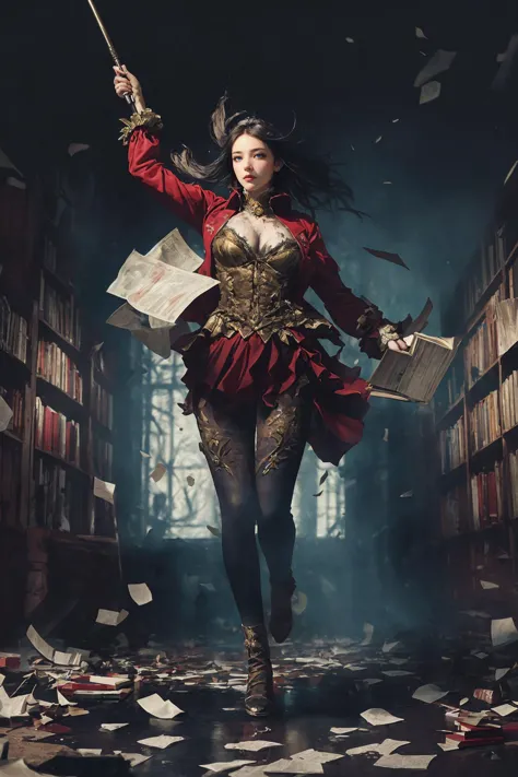 1 girl, solo, full body, wizard costume, (hand a magic wand:1.2), in a library, (floating, flying in the air:1.4),(surrounded by...