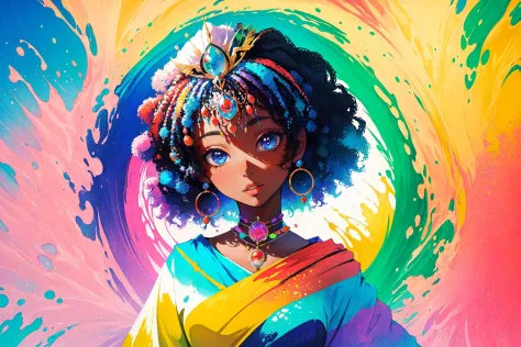 high quality, masterpiece, 1girl, African queen, afro, psychedelic