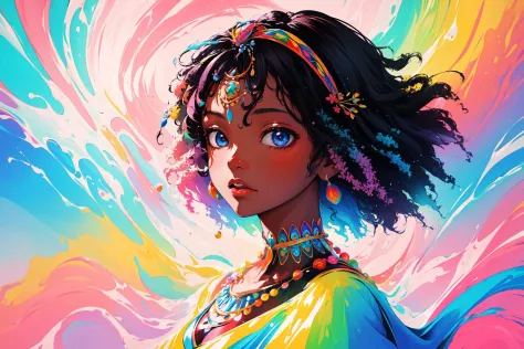 high quality, masterpiece, 1girl, African queen, afro, psychedelic