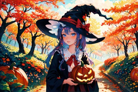 high quality, masterpiece, witch, witch hat, autumn, pumpkin