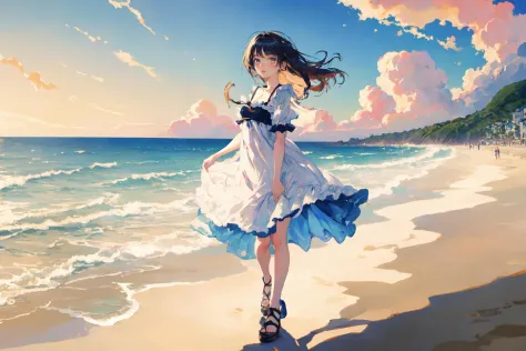 high quality, masterpiece, 1girl, beach, wind blowing, dress