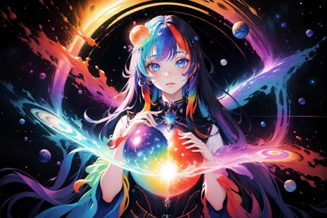 psychedelic, (fantasy space:1.2), multiple planets, (fantasy galaxy:1.2), 1girl, psychedelic goddess, rainbow lighting, magical,...