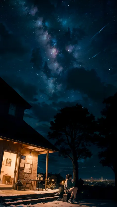 (杰作, 顶级品质, 最好的质量), 辛烷, 天空, 星星(天空), 风景, 星星ry 天空, 夜晚, 夜晚 天空, 户外, 建筑, 云, 银河系, 坐, 树, 城市, 轮廓, 城市scape, 