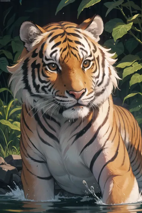(masterpiece, top quality, best quality), (splash art), naturalistic, (realistic), 8K, photography, (wild animal), detailed nature, lush, (tiger), close shot