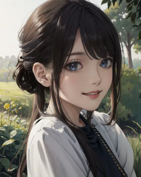 anime girl with long hair and blue eyes in a field