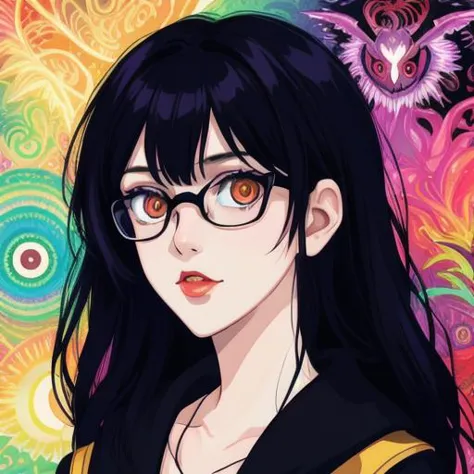 a woman with glasses and a black top standing in front of a colorful background