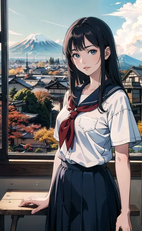 (Meisterwerk, Top Qualität, beste Qualität), (Splash Art), realistischer Anime, (japanische schulmädchen), in die Kamera schauen, Im Klassenraum, großes Fenster, Japanische Landschaft, Dorf, atemberaubend, Weitwinkelaufnahme, (mt fuji), fall, wind