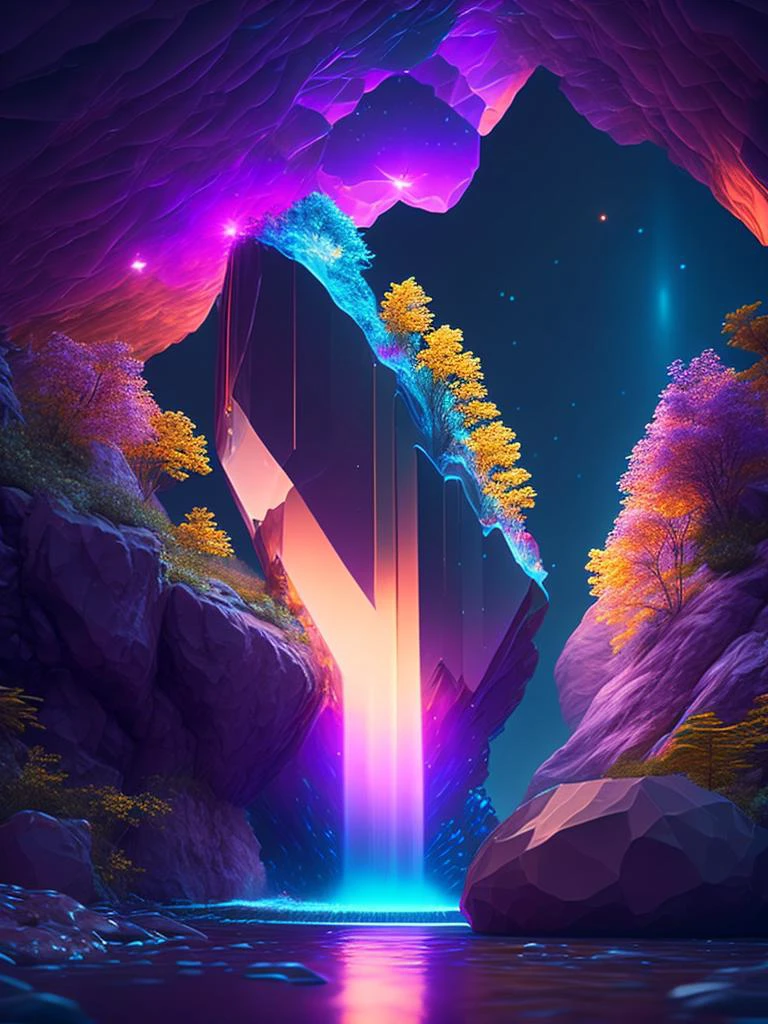 um close de uma pedra com uma cachoeira no meio, Arte digital altamente detalhada em 4k, arte digital 3d 4k, Bipe de renderização 3D, obra-prima de artgem e beeple, caverna de cristal brilhante, Arte digital detalhada em 4k, cores do bipe, Beeple e Mike Winkelmann, Bela arte UHD 4K