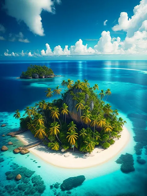 arafed island with palm trees and a sandy beach, tropical island, epic matte painting of an island, island in a blue sea, an isl...