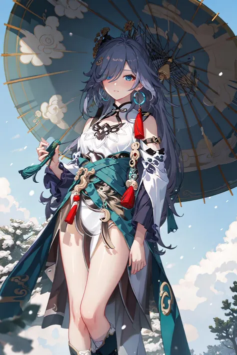 (masterpiece, top quality, best quality, official art, beautiful and aesthetic:1.2),extreme detailed,(fractal art:1.3), Fu Hua(az),<lora:Fu Hua_Azure Empyrea_v2.6:0.9>,Chinese clothes,long sleeves,neck collar,belt,hair over one eyes,hair ornament,hairpin, ...