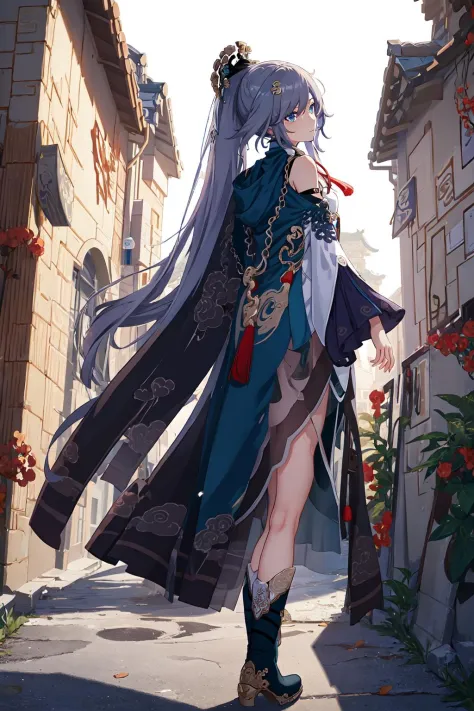 (masterpiece, top quality, best quality, official art, beautiful and aesthetic:1.2),extreme detailed,(fractal art:1.3), Fu Hua(az),<lora:Fu Hua_Azure Empyrea_v2.6:0.9>,Chinese clothes,long sleeves,neck collar,belt,hairpin,hair ornament, street, from behind...
