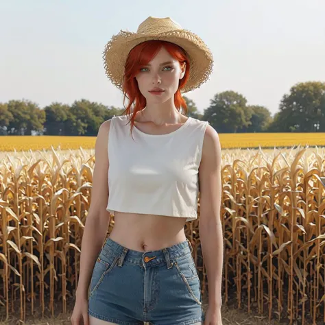 1girl, <lora:SAIOC_sd15_1:0.8> s41oc, wearing a crop top shirt and denim shorts standing in corn field on a farm, cowboy hat, re...