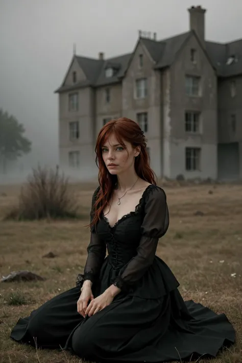 an individual seated in a natural, open setting, with mist or fog adding a mysterious ambiance. The person is dressed in an elaborate gothic style gown with multiple layers of lace and ruffles, which suggests a Victorian influence. The dark color palette of the attire is consistent with gothic fashion, emphasizing the somber and romantic themes often associated with the subculture.
The individual's hair is styled in a tousled manner, with hints of color that may indicate a rebellious or personal twist to the traditional gothic look. They are adorned with ornate jewelry, including a necklace with a prominent pendant that serves as a focal point against the dark fabric of the dress.
The person's pose and distant gaze evoke a contemplative or melancholic mood, which is complemented by the bleak and desolate landscape. The stark contrast between the intricate details of the clothing and the simplicity of the natural surroundings emphasizes the solitude and introspective state of the individual. The overall composition of the image, from the fashion to the setting, creates a narrative that invites the viewer to ponder the story behind the subject's presence in this eerie environment.
 <lora:SAIOC_sd15_1-000011:0.75> s41oc