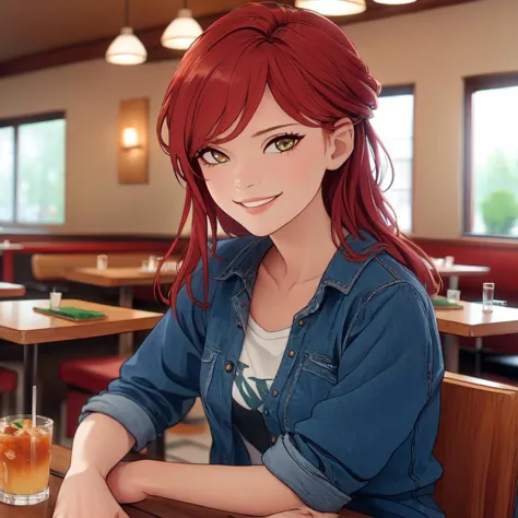 anime girl sitting at a table with a drink in a restaurant