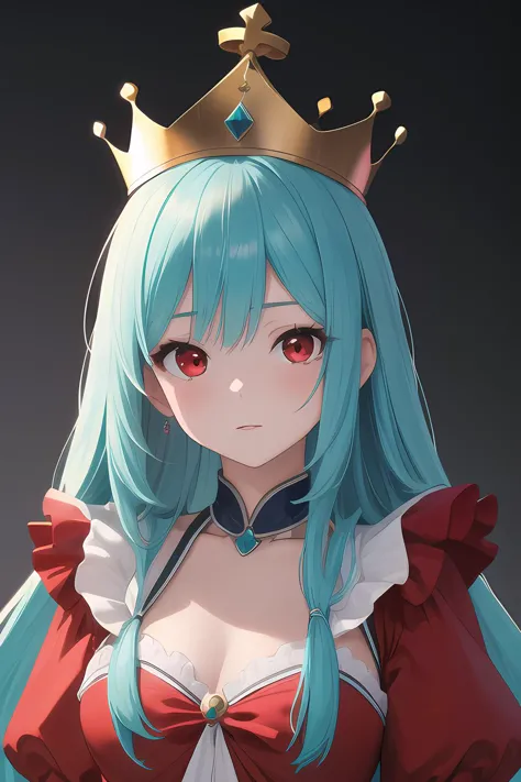 a woman with blue hair wearing a crown and red dress