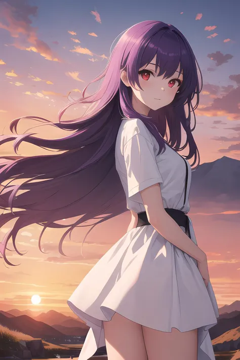 anime girl with long purple hair standing in front of a mountain