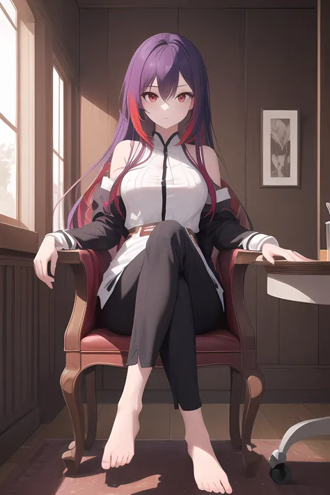 anime girl sitting in a chair with her legs crossed