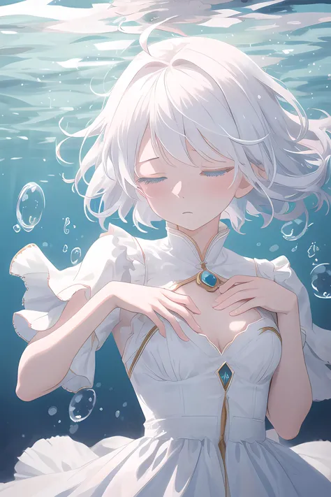 anime girl in white dress with blue eyes and white hair