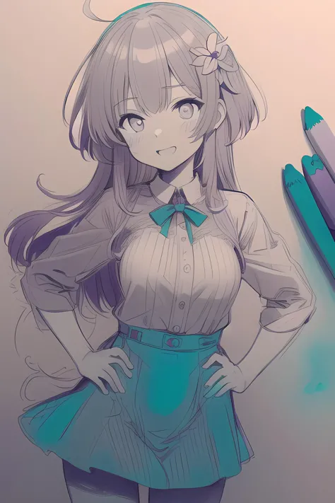 anime girl with long hair and a bow standing next to a pencil