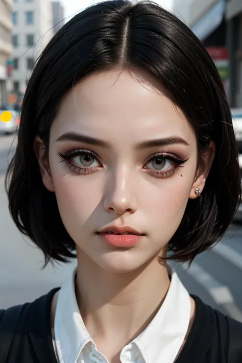 1girl, mature female, (expressionless eyes, graphic eyeliner, black eyeliner, eyeshadow, eyelashes, natural makeup),, street, da...