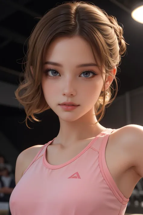 sandy blonde dutch braided updo hair,1girl,  gymnast performing in a competition, wearing pink gym clothes, in a dark gymnasium under a spotlight,  Upper BodyFrom Below ,
nsfw,
(ultra realistic,32k, masterpiece:1.2),(high detailed skin:1.1),( high quality:1.1),
detailed hair,
intricate detail,
(detailed realistic background:1.3),
realistic lighting,
[cinematic lighting|sunset lighting],
hyperrealism,
soothing tones,
muted colors,
high contrast,
soft light,
sharp,
artistic photoshoot,
cute,slender,european, eyes,pale cheeks,square face shape with angular jaw,natural "no-makeup" makeup, heavy rain,