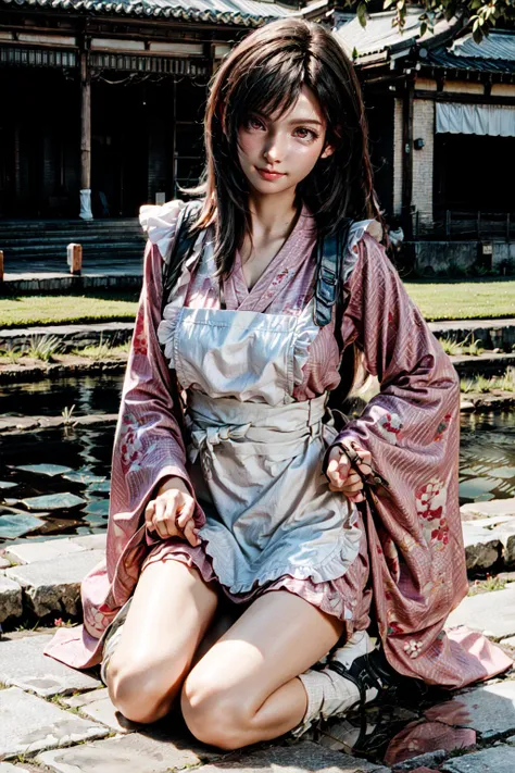 araffe woman in a kimono sitting on a stone walkway