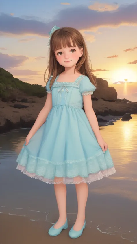 a little girl standing on the beach in a blue dress