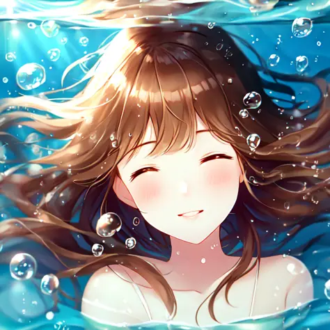 1girl, eyes closed, slight smile, underwater, water bubbles, reflection, long light brown hair, bloom, depth of field, bokeh