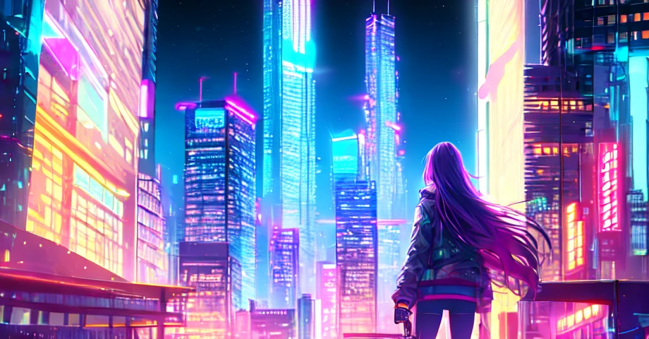 городской пейзаж, киберпанк небоскребы, 1 девушка, Переливающаяся одежда, длинные волосы, стою на правой стороне, Глядя на зрителя, сзади, неон, цвести, боке, ночь, шедевр