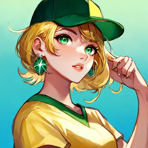 masterpiece, best quality, 1girl, aqua eyes, baseball cap, blonde hair, closed mouth, earrings, (green background), hat, hoop ea...