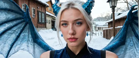 blond woman with blue wings and horns in front of a house